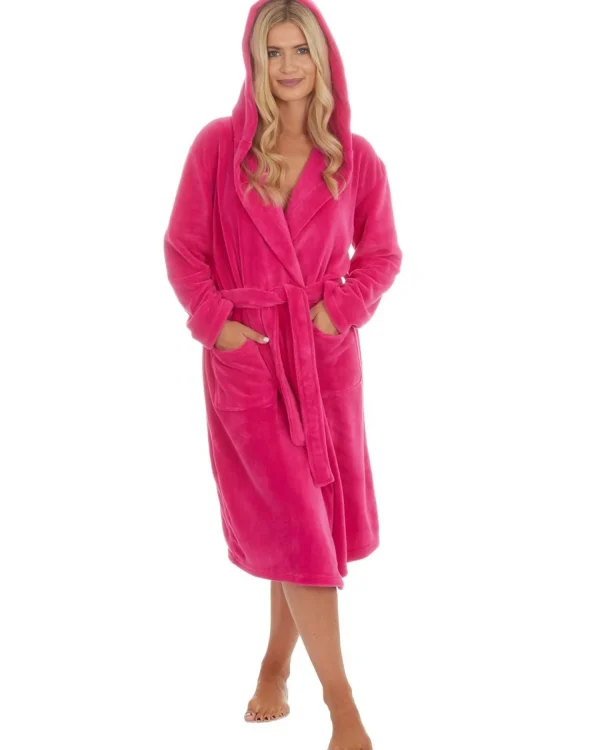 Embargo Dressing Gowns | Womens Fleece Hooded Dressing Gown - Hot Pink