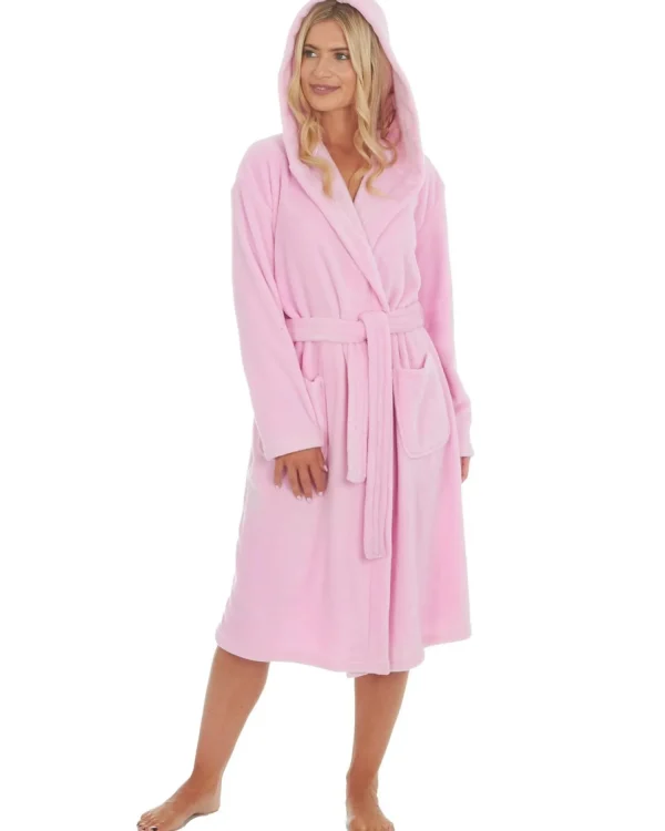 Embargo Dressing Gowns | Womens Fleece Hooded Dressing Gown - Baby Pink