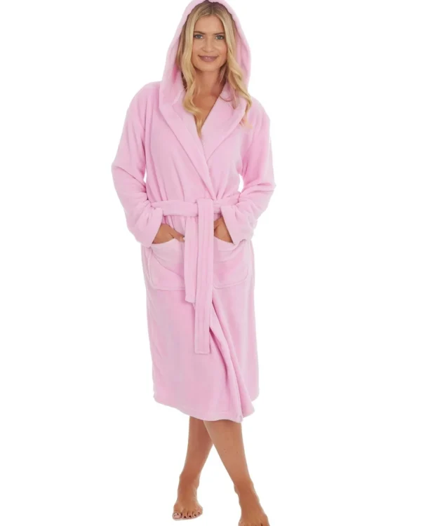 Embargo Dressing Gowns | Womens Fleece Hooded Dressing Gown - Baby Pink